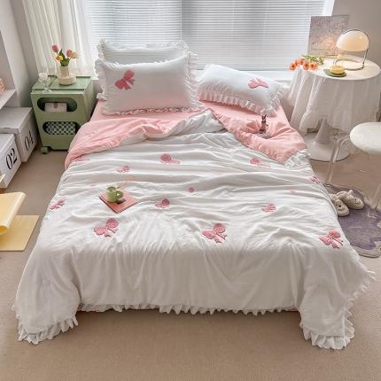 沐慕 2022新款毛巾绣洛卡棉夏被四件套 蝴蝶结-白色