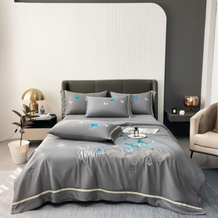 91家纺网 家纺一手货源 找家纺 吾诺家居 2022春夏爆品蝶舞刺绣水洗天丝夏被四件套 蝶舞岩灰
