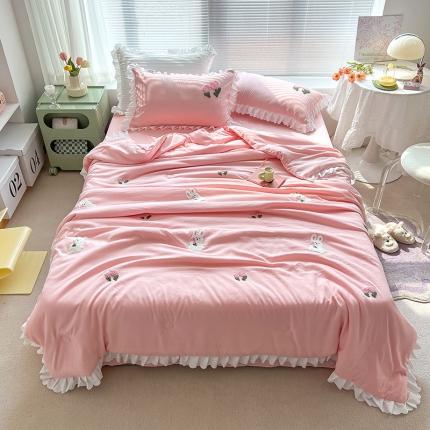 沐慕 2022新款毛巾绣洛卡棉夏被四件套 花花白兔-粉色