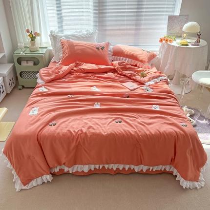 91家纺网 家纺一手货源 找家纺 沐慕 2022新款毛巾绣洛卡棉夏被四件套 花花白兔-粉色