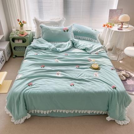 91家纺网 家纺一手货源 找家纺 沐慕 2022新款毛巾绣洛卡棉夏被四件套 花花白兔-蓝色