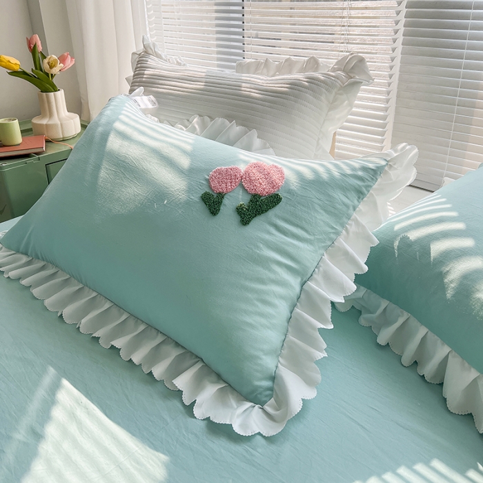 91家纺网 家纺一手货源 找家纺 沐慕 2022新款毛巾绣洛卡棉夏被四件套 花花白兔-蓝色