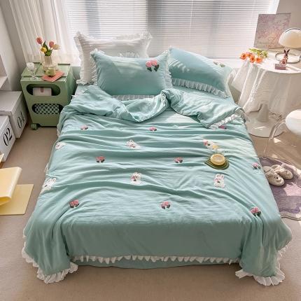 沐慕 2022新款毛巾绣洛卡棉夏被四件套 花花白兔-蓝色