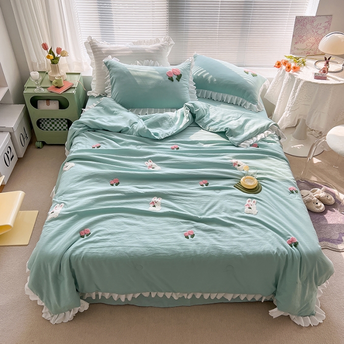 91家纺网 家纺一手货源 找家纺 沐慕 2022新款毛巾绣洛卡棉夏被四件套 花花白兔-蓝色