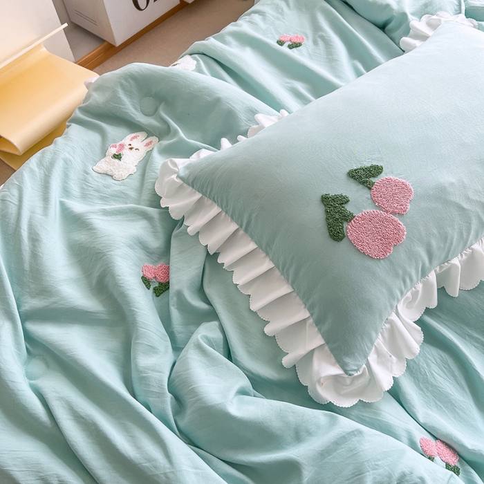 91家纺网 家纺一手货源 找家纺 沐慕 2022新款毛巾绣洛卡棉夏被四件套 花花白兔-蓝色