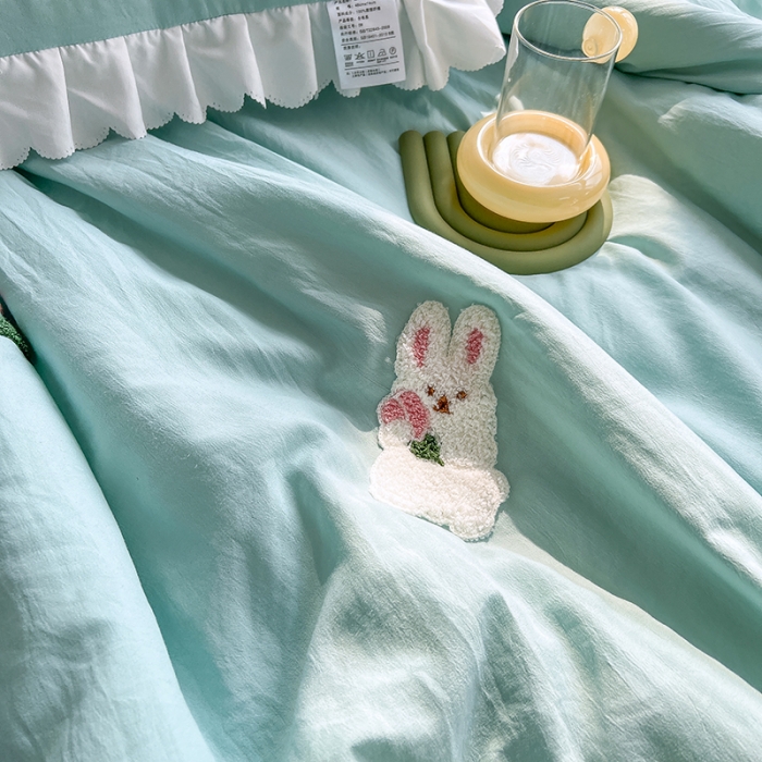 91家纺网 家纺一手货源 找家纺 沐慕 2022新款毛巾绣洛卡棉夏被四件套 花花白兔-蓝色