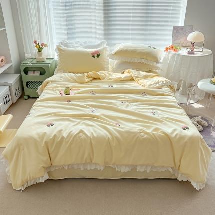 91家纺网 家纺一手货源 找家纺 沐慕 2022新款毛巾绣洛卡棉夏被四件套 花花白兔-米黄