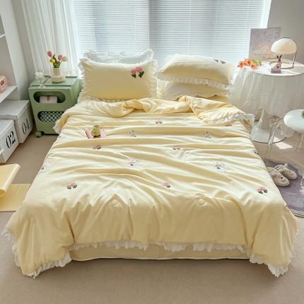 沐慕 2022新款毛巾绣洛卡棉夏被四件套 花花白兔-米黄