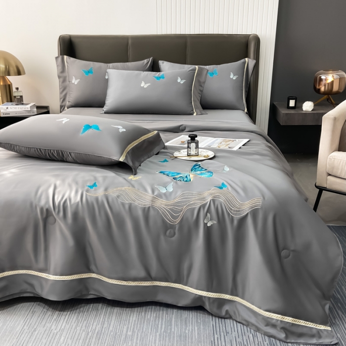 91家纺网 家纺一手货源 找家纺 吾诺家居 2022春夏爆品蝶舞刺绣水洗天丝夏被四件套 蝶舞岩灰