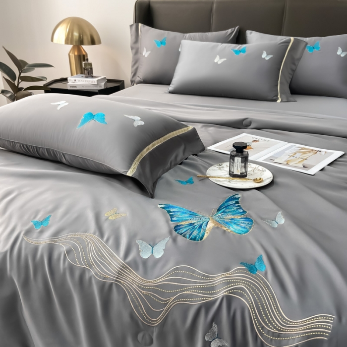 91家纺网 家纺一手货源 找家纺 吾诺家居 2022春夏爆品蝶舞刺绣水洗天丝夏被四件套 蝶舞岩灰