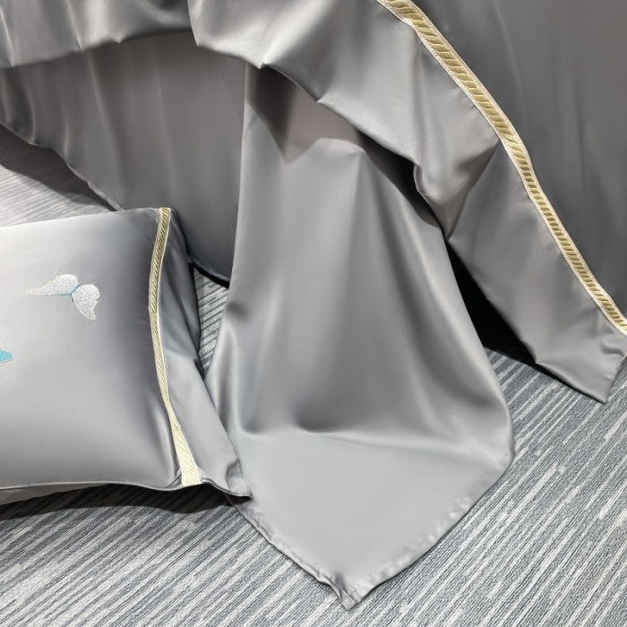 91家纺网 家纺一手货源 找家纺 吾诺家居 2022春夏爆品蝶舞刺绣水洗天丝夏被四件套 蝶舞岩灰