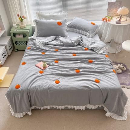 91家纺网 家纺一手货源 找家纺 沐慕 2022新款毛巾绣洛卡棉夏被四件套 橘子-灰色