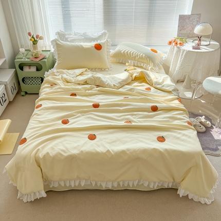 91家纺网 家纺一手货源 找家纺 沐慕 2022新款毛巾绣洛卡棉夏被四件套 橘子-米黄