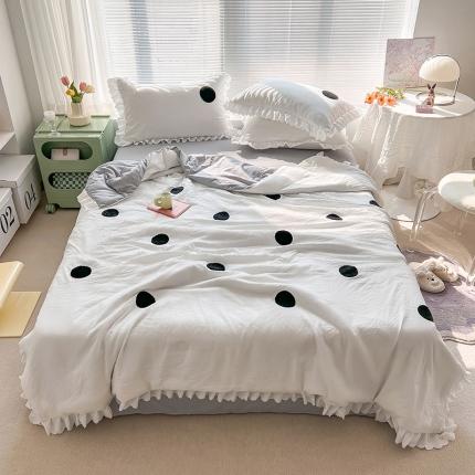 沐慕 2022新款毛巾绣洛卡棉夏被四件套 圆圈-白色