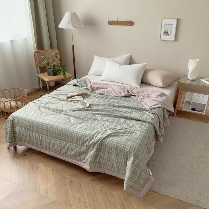 91家纺网 家纺一手货源 找家纺 慕尚家纺 2025新款日式简约无印风夏被夏凉被风格一 浅绿大格