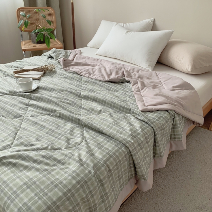 91家纺网 家纺一手货源 找家纺 慕尚家纺 2025新款日式简约无印风夏被夏凉被风格一 浅绿大格