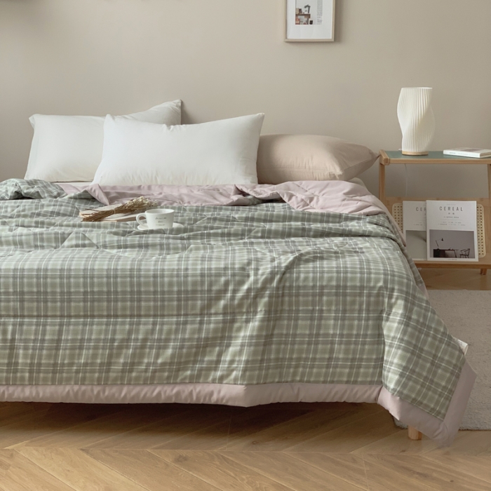 91家纺网 家纺一手货源 找家纺 慕尚家纺 2025新款日式简约无印风夏被夏凉被风格一 浅绿大格