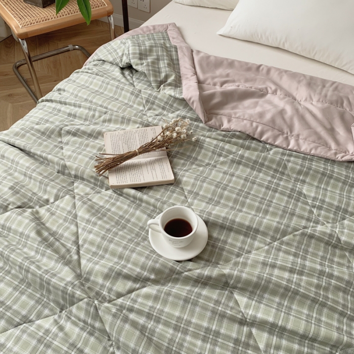 91家纺网 家纺一手货源 找家纺 慕尚家纺 2025新款日式简约无印风夏被夏凉被风格一 浅绿大格