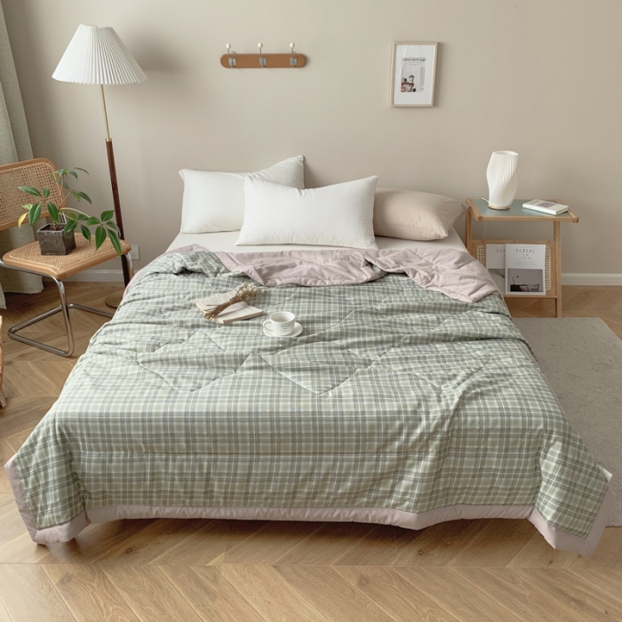 91家纺网 家纺一手货源 找家纺 慕尚家纺 2025新款日式简约无印风夏被夏凉被风格一 浅绿大格