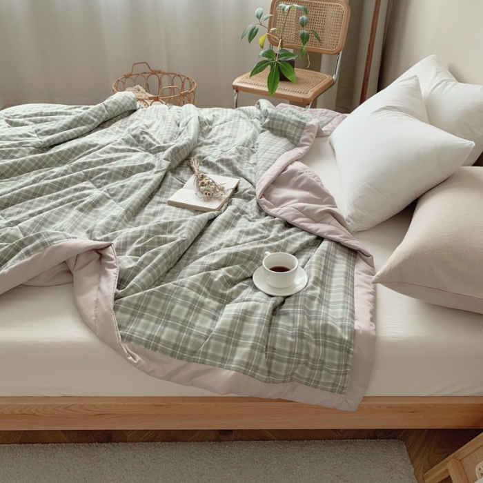 91家纺网 家纺一手货源 找家纺 慕尚家纺 2025新款日式简约无印风夏被夏凉被风格一 浅绿大格