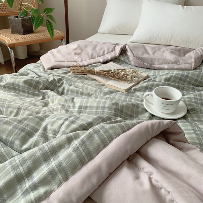 91家纺网 家纺一手货源 找家纺 慕尚家纺 2025新款日式简约无印风夏被夏凉被风格一 浅绿大格