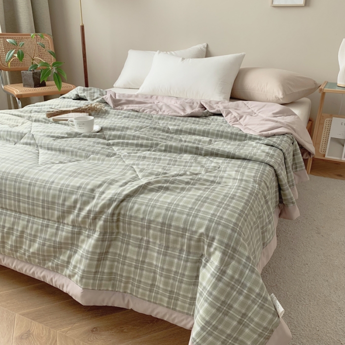 91家纺网 家纺一手货源 找家纺 慕尚家纺 2025新款日式简约无印风夏被夏凉被风格一 浅绿大格