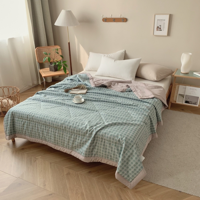 91家纺网 家纺一手货源 找家纺 慕尚家纺 2025新款日式简约无印风夏被夏凉被风格一 雅绿大格