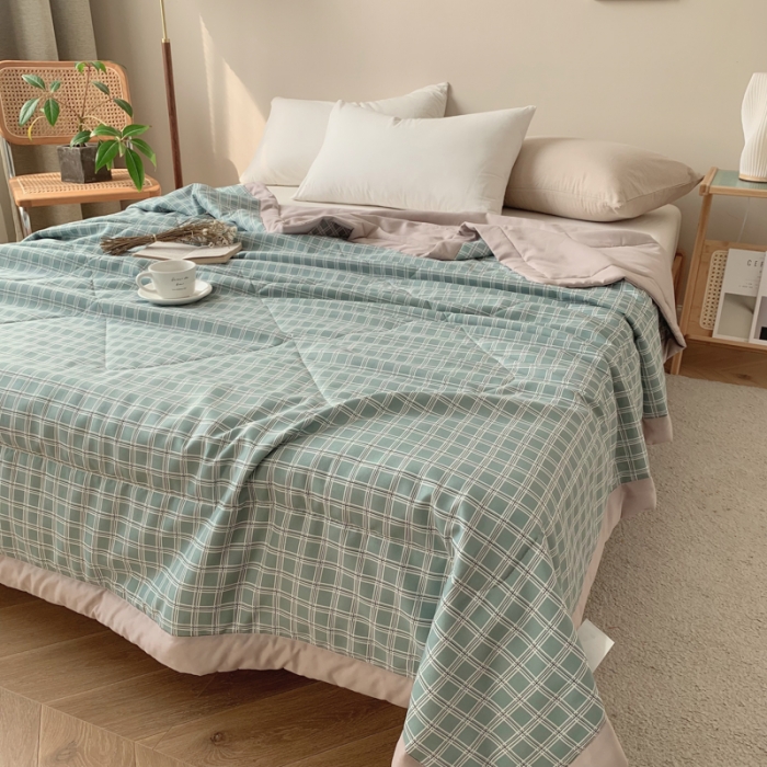 91家纺网 家纺一手货源 找家纺 慕尚家纺 2025新款日式简约无印风夏被夏凉被风格一 雅绿大格