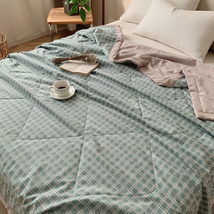 91家纺网 家纺一手货源 找家纺 慕尚家纺 2025新款日式简约无印风夏被夏凉被风格一 雅绿大格