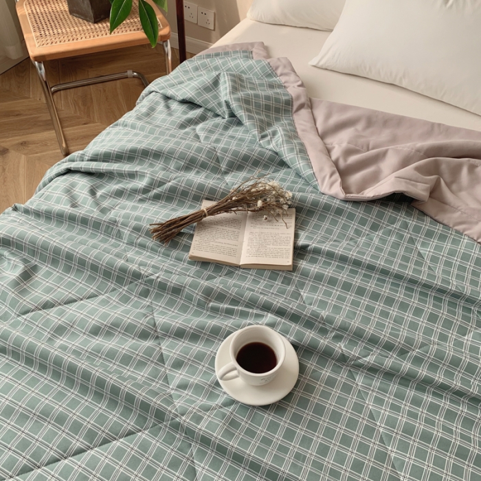 91家纺网 家纺一手货源 找家纺 慕尚家纺 2025新款日式简约无印风夏被夏凉被风格一 雅绿大格