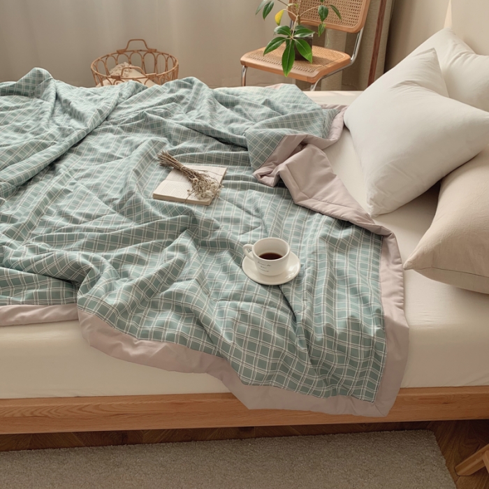 91家纺网 家纺一手货源 找家纺 慕尚家纺 2025新款日式简约无印风夏被夏凉被风格一 雅绿大格