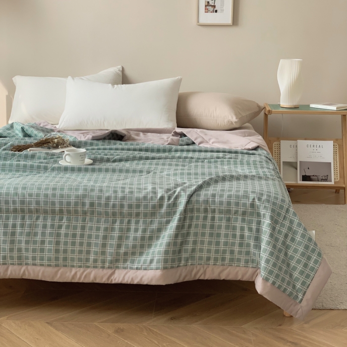 91家纺网 家纺一手货源 找家纺 慕尚家纺 2025新款日式简约无印风夏被夏凉被风格一 雅绿大格