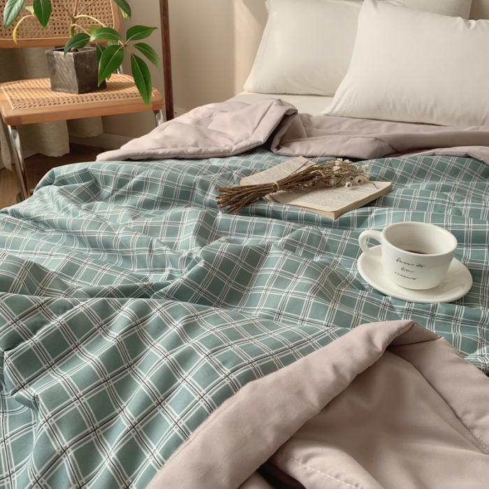 91家纺网 家纺一手货源 找家纺 慕尚家纺 2025新款日式简约无印风夏被夏凉被风格一 雅绿大格