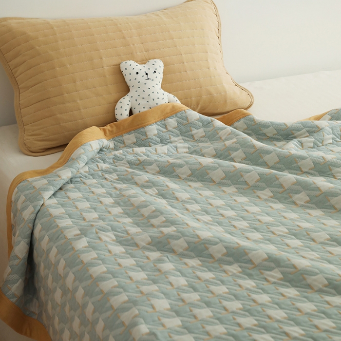 91家纺网 家纺一手货源 找家纺 吾秀家居 2022新款高端全棉针织提花毯 方块千鸟格绿