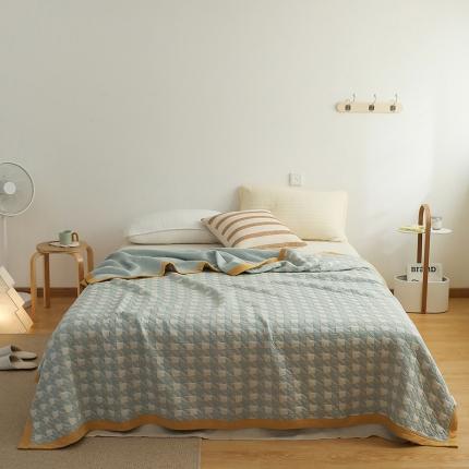 吾秀家居 2022新款高端全棉针织提花毯 方块千鸟格绿