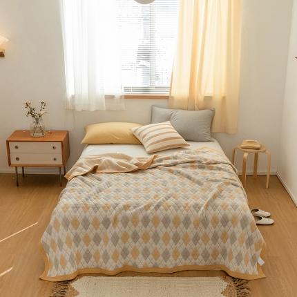 吾秀家居 2022新款高端全棉针织提花毯菱格黄