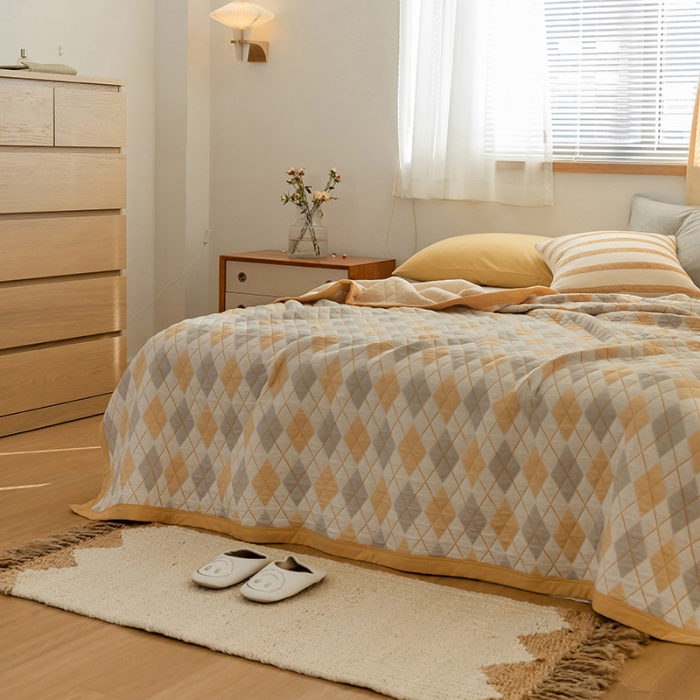 91家纺网 家纺一手货源 找家纺 吾秀家居 2022新款高端全棉针织提花毯菱格黄