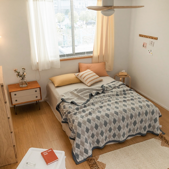 91家纺网 家纺一手货源 找家纺 吾秀家居 2022新款高端全棉针织提花毯 菱格蓝