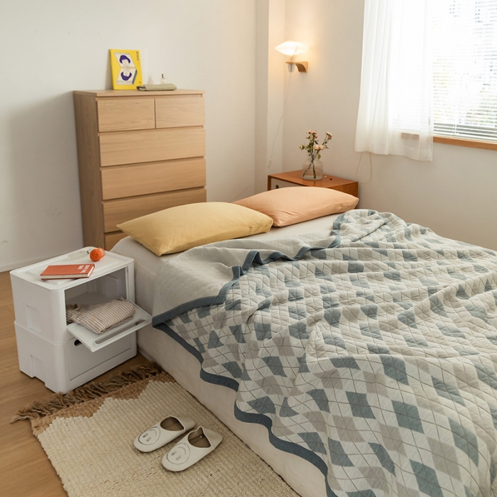 91家纺网 家纺一手货源 找家纺 吾秀家居 2022新款高端全棉针织提花毯 菱格蓝