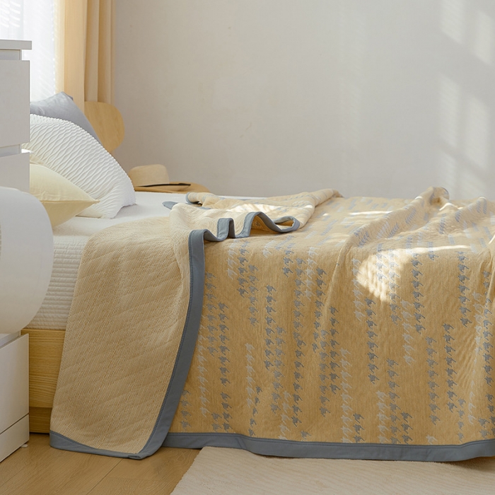 91家纺网 家纺一手货源 找家纺 吾秀家居 2022新款高端全棉针织提花毯一字千鸟格黄