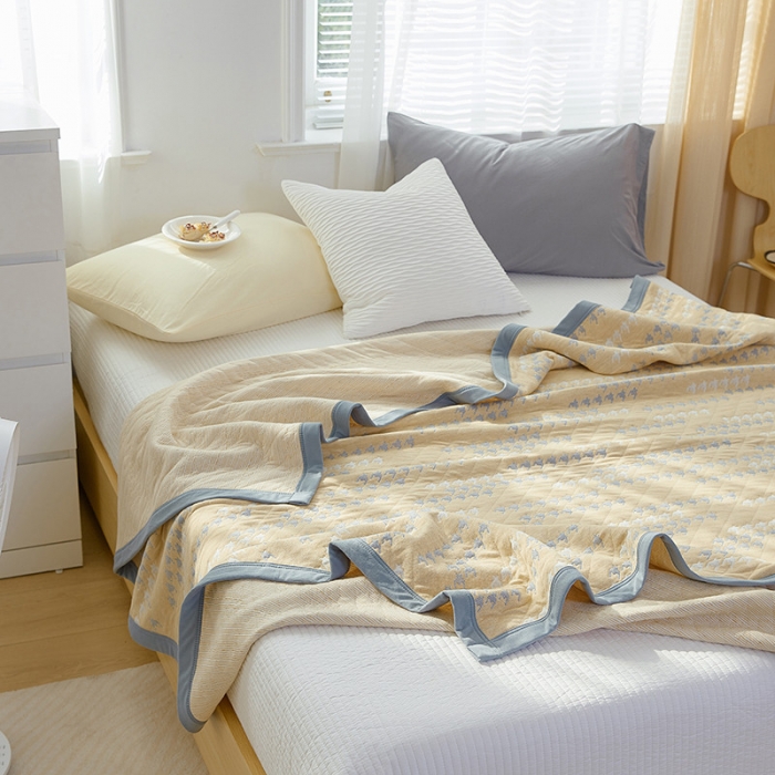 91家纺网 家纺一手货源 找家纺 吾秀家居 2022新款高端全棉针织提花毯一字千鸟格黄