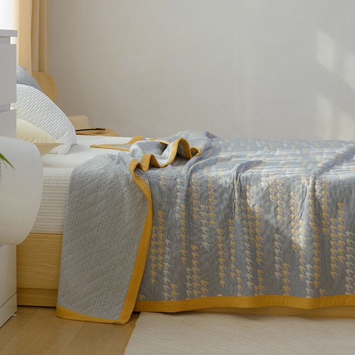 91家纺网 家纺一手货源 找家纺 吾秀家居 2022新款高端全棉针织提花毯一字千鸟格蓝