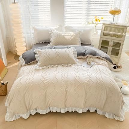 米莱家纺2022新款剪花水洗棉花边四件套象牙白