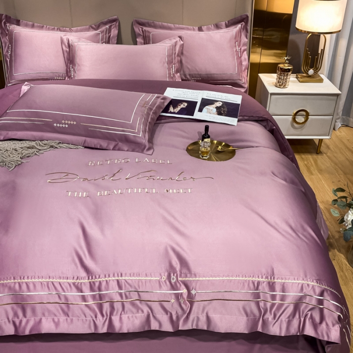 91家纺网 家纺一手货源 找家纺 欧乐蒂 新A版60亲肤水洗真丝B版纯棉四件套 奢雅-豆沙紫