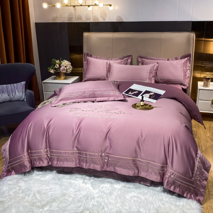 91家纺网 家纺一手货源 找家纺 欧乐蒂 新A版60亲肤水洗真丝B版纯棉四件套 奢雅-豆沙紫