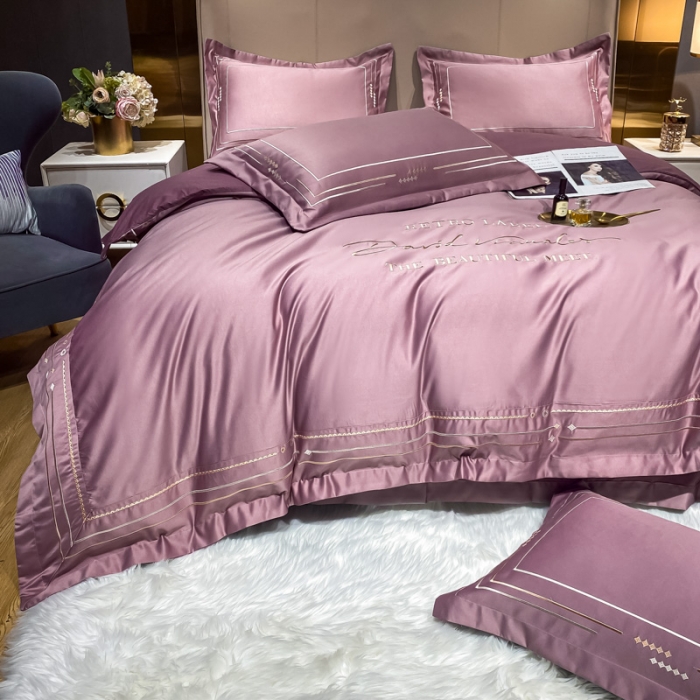 91家纺网 家纺一手货源 找家纺 欧乐蒂 新A版60亲肤水洗真丝B版纯棉四件套 奢雅-豆沙紫