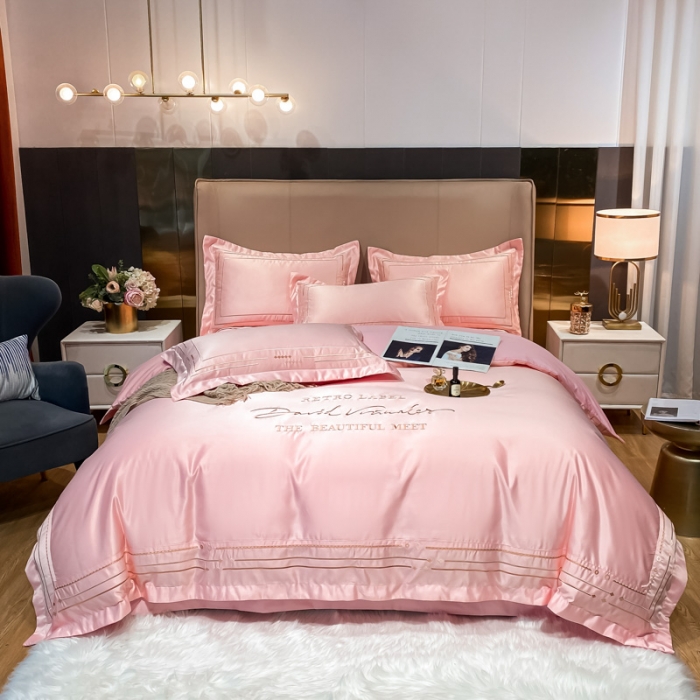 91家纺网 家纺一手货源 找家纺 欧乐蒂 2022新A版60亲肤水洗真丝B版纯棉四件套 奢雅 奢雅-粉色