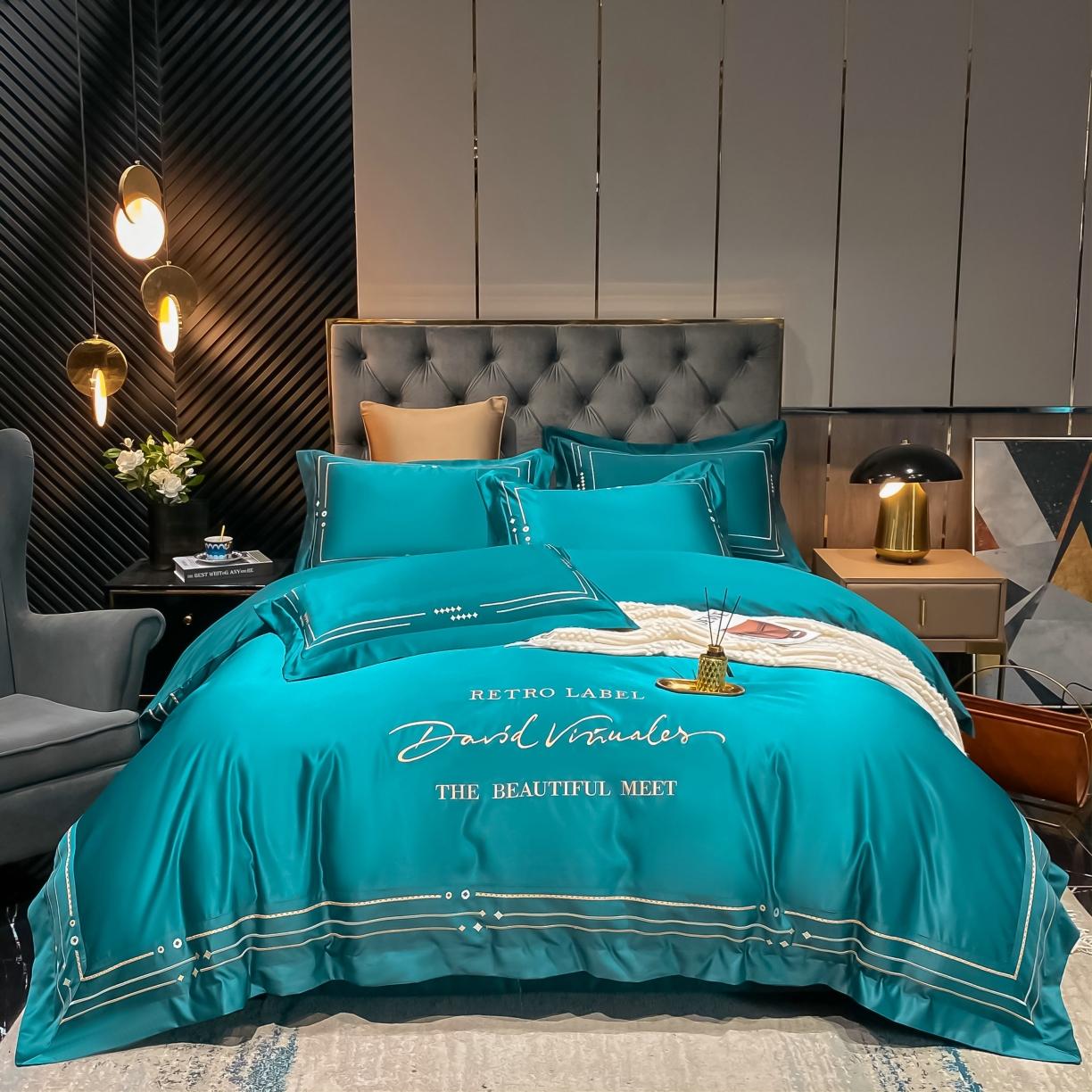 91家纺网 家纺一手货源 找家纺 欧乐蒂 新A版60亲肤水洗真丝B版纯棉四件套 奢雅-墨绿