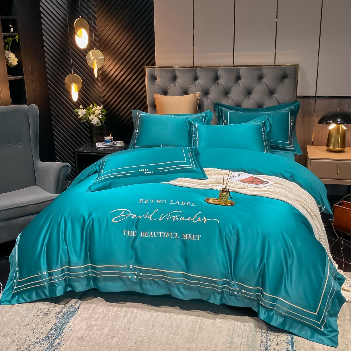 91家纺网 家纺一手货源 找家纺 欧乐蒂 新A版60亲肤水洗真丝B版纯棉四件套 奢雅-墨绿