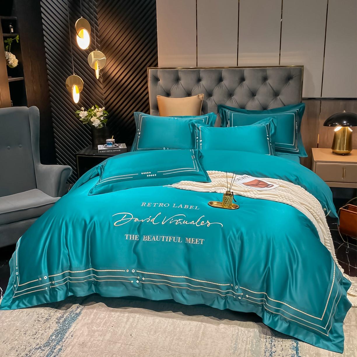 91家纺网 家纺一手货源 找家纺 欧乐蒂 新A版60亲肤水洗真丝B版纯棉四件套 奢雅-墨绿